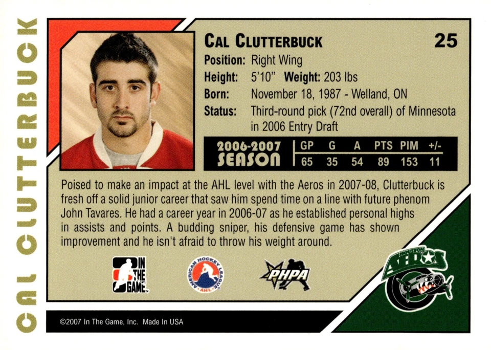 Cal Clutterbuck - Signed 2007-08 In The Game Heroes And Prospects Card #25 - Image 2 of 2