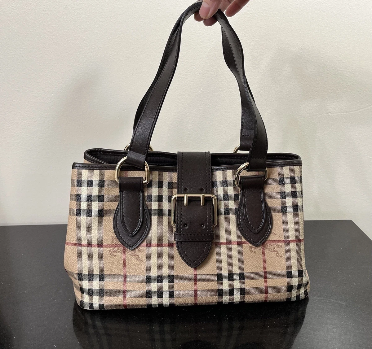 Burberry Shoulder Bag in Classic Check Coated Canvas and Black Leather Trim in Very Good Vintage Condition