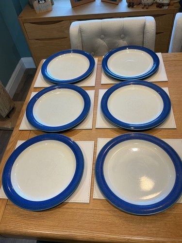 DENBY METZ SET OF 6 DINNER PLATES BLUE & WHITE WITH GREEN EDGE STONEWARE FAIR - Picture 23 of 23