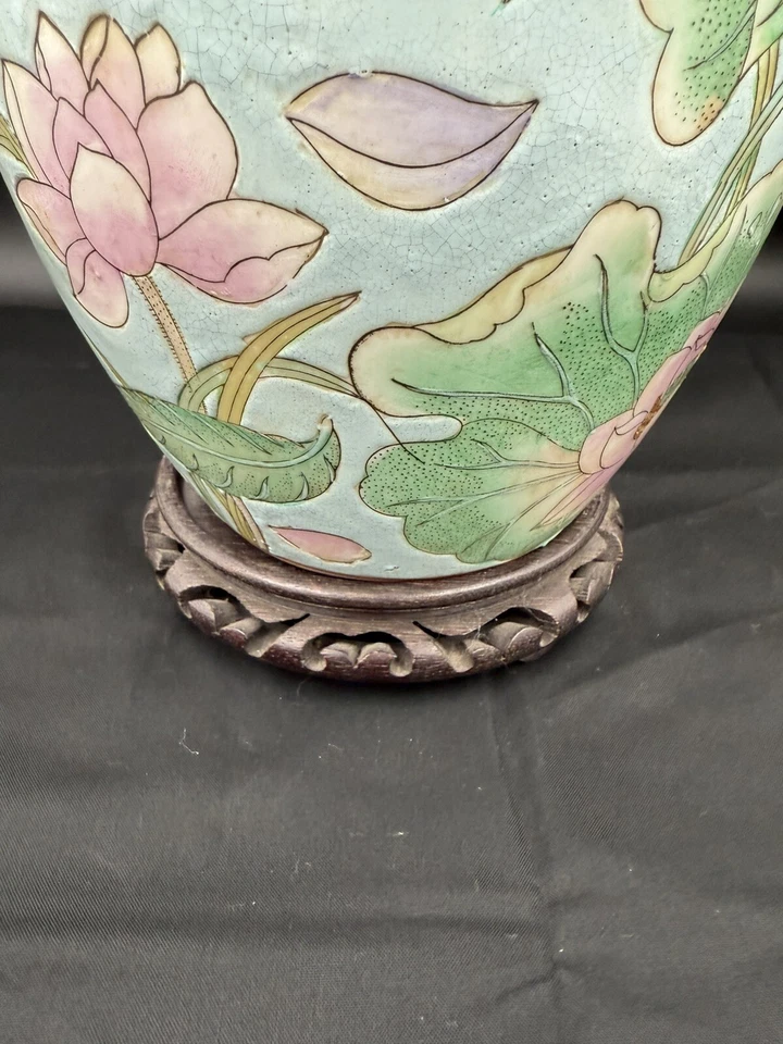 复古 WBI 带盖罐花瓶 14 英寸中国手绘粉彩莲花蓝色绿色 — 第 3/4 张图片