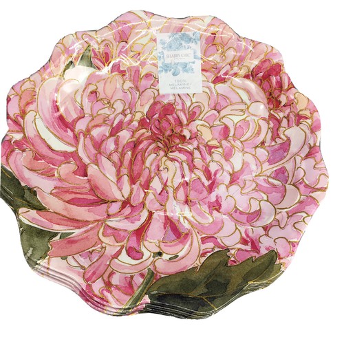 x4 Shabby Chic Pink Peony MELAMINE Dinner Plate Set Floral Gold Deep Low Bowl - Picture 1 of 7