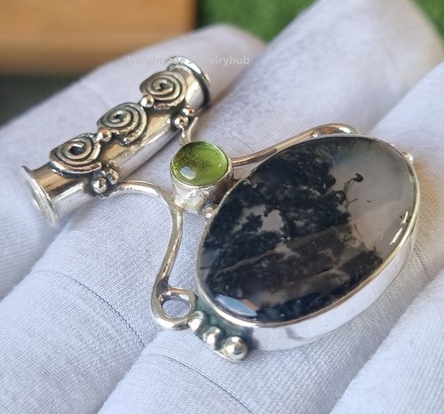 Moss Agate Pendant 925 Sterling Silver Handmade Wedding Gift Jewelry PG3408 - Picture 2 of 3