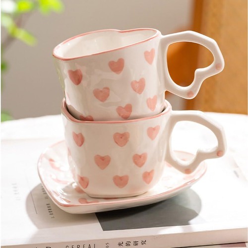 Heart Shaped Ceramic Coffee Mug Set with Saucer Tea Cup Breakfast Cup Dessert... - Picture 5 of 6