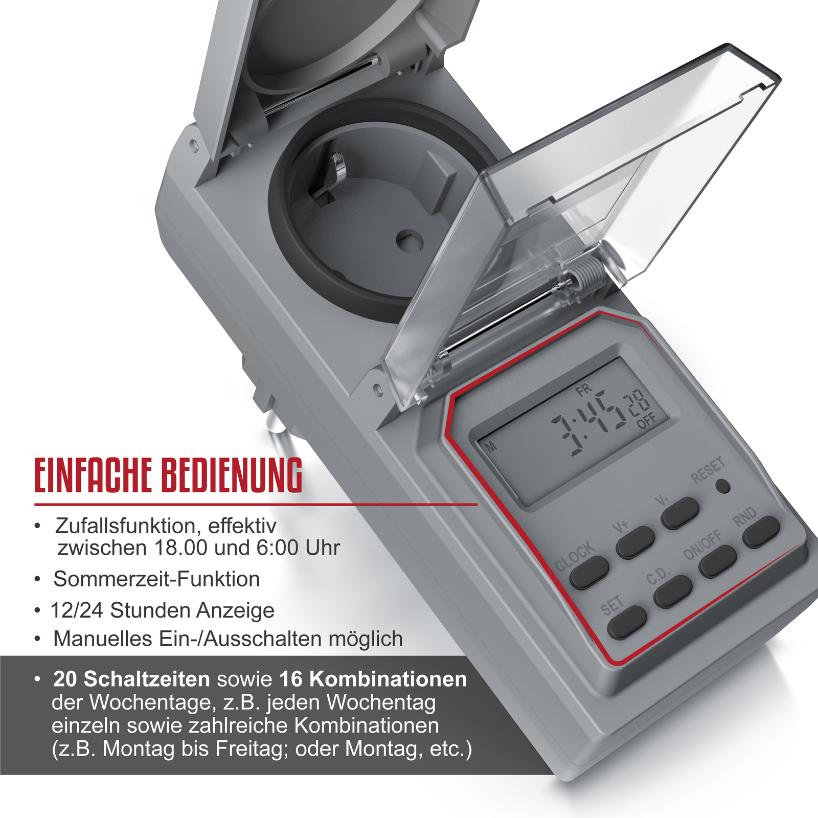 Bearware Digitale Zeitschaltuhr 20 Programme Outdoor Zufallsfunktion IP44 Grau