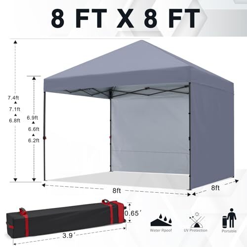 Pop Up Canopy Tent with 2 Sidewalls, Outdoor Shade Instant Canopy 8x8 Gray - Bild 6 von 7