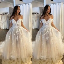 Boho Light Champagne Wedding Dresses Off the Shoulder Lace Applique Bridal Gowns