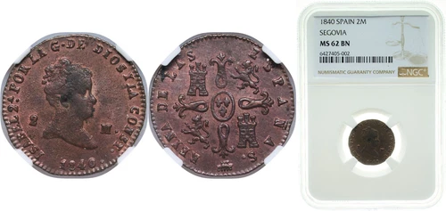 Spain 1840 2 Maravedis Copper NGC MS 62 BN