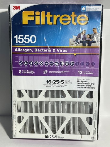 3M 1550 Filtrete Allergen Bacteria & Virus Deep Pleat Filters 16x25x5 1 pack - 第 2/6 張圖片