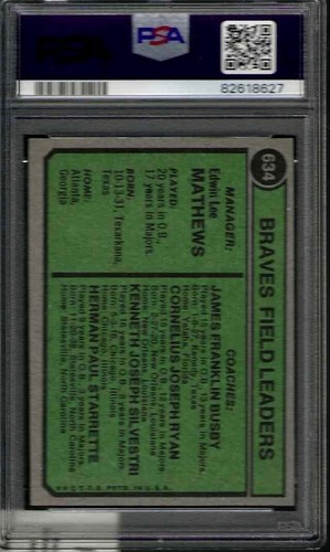 PSA 9 - 1974 Topps #634 Eddie Mathews Atlanta Braves MGR./COACHES HOF - Foto 2 di 2