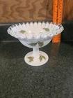 Fenton Ruffle Compote Silver Crest White Holly Berry Hand Painted Signed