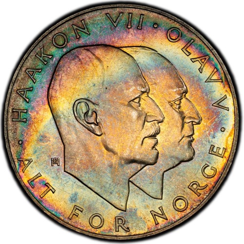 MS63 1970 Norway Liberation Silver 25 Kroner, PCGS Trueview- VIVID Rainbow Toned - Picture 4 of 7