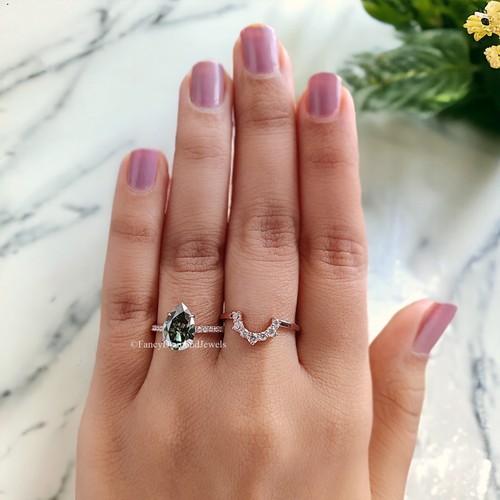Pear Green Moissanite Ring Curved Stacking Engagement Ring Set For Her FD242 - Bild 9 von 10
