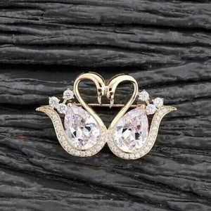 Authentic Pear Cut Simulated Diamond Gorgeous Swans Brooch Pin In 14K White Gold Plated