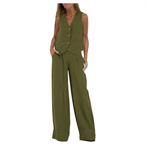 Women's 2 Piece Outfit, Sleeveless, Button Up Vest, Long Pants, Linen Set - Picture 12 of 13