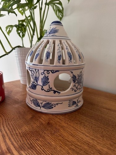 Chinoiserie Keramik Vogelkäfig Kerzenhalter blau weiß mit Vögel Hütte Kern - Bild 3 von 7