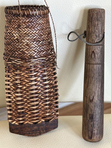 Indonesian Round Brown Rattan Basket Lombok, wood piece, basket  7.25" wood 7" - Picture 1 of 4