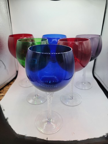 Colored Blown Glass Wine Goblet Stemmed Set Of Six Glasses Barware Cocktails