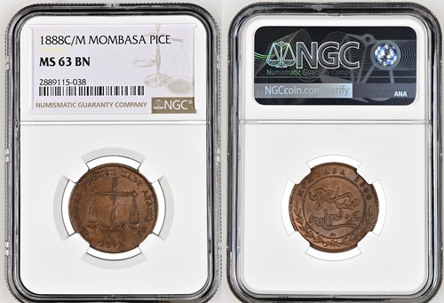 MOMBASA (British East Africa) Pice 1888 NGC MS63 BN Calcutta mint Medium letters - Picture 3 of 3