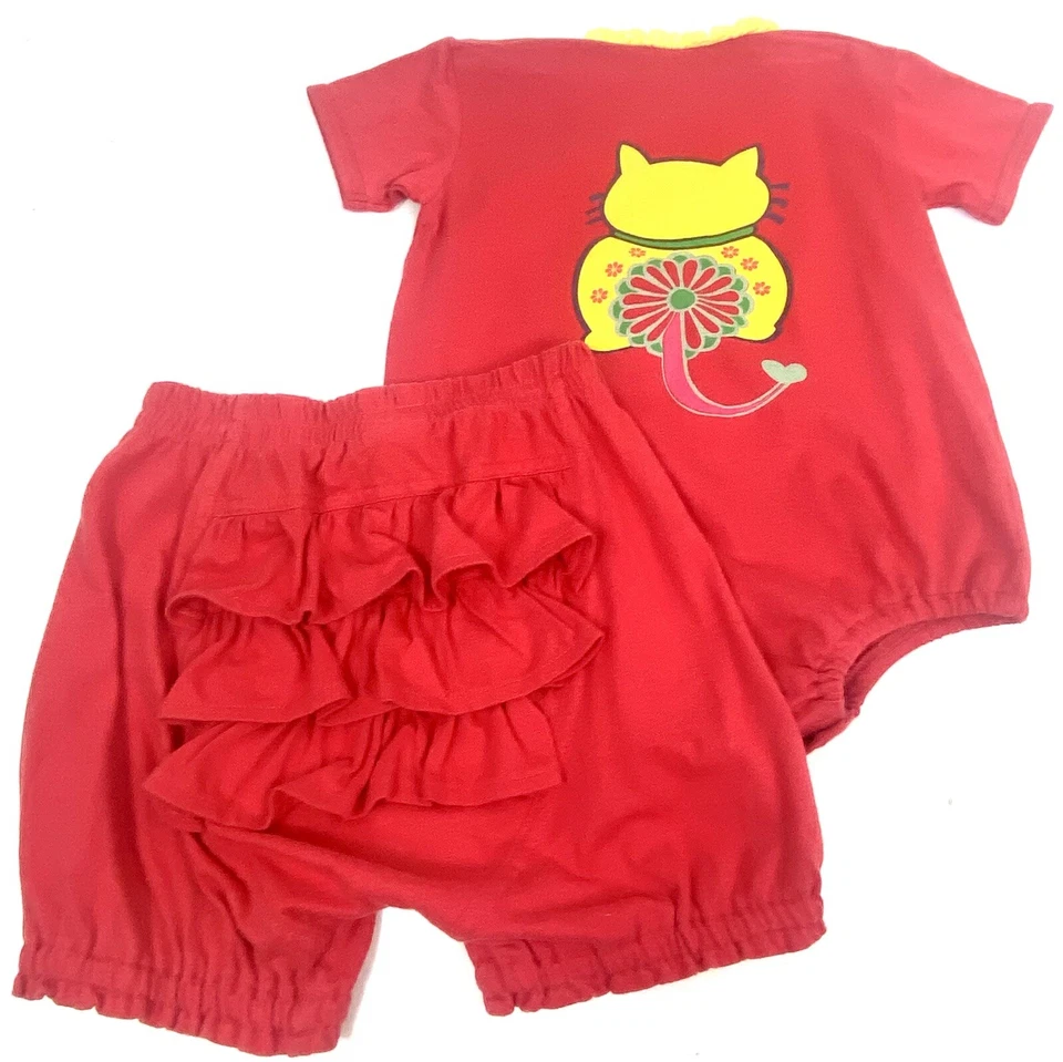 Oilily Bebé Niña Talla 62 Lucky Money Gato Una Pieza Volantes Bloomers Maneki Neko Foto 3 de 4