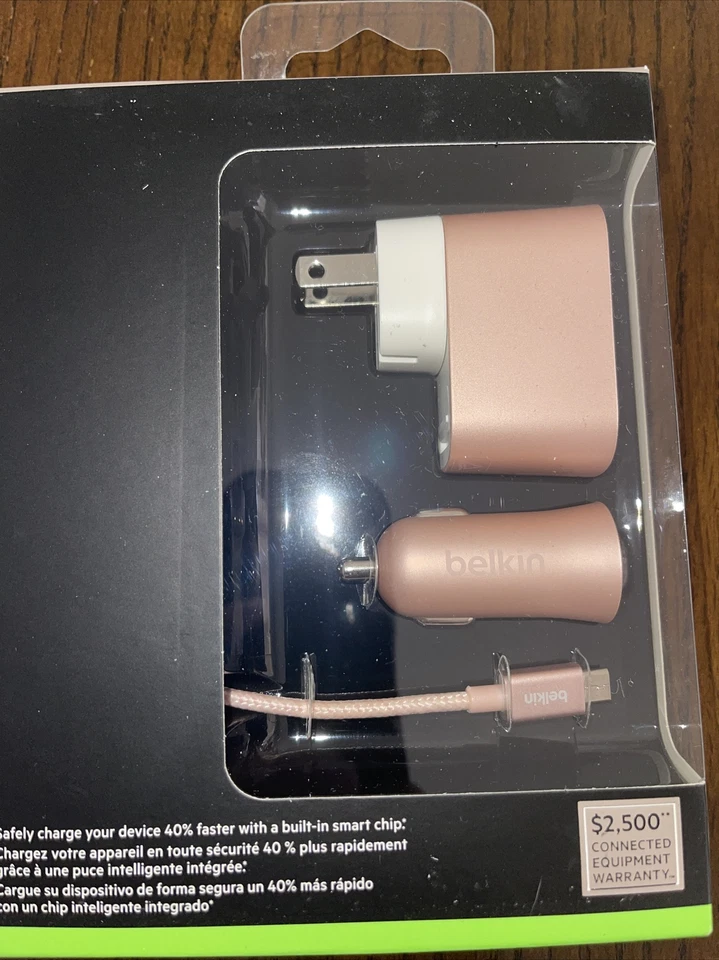 Kit Cargador Cabezal de Pared Belkin Micro USB Coche Vehículo Oro Rosa Samsung LG Foto 4 de 4