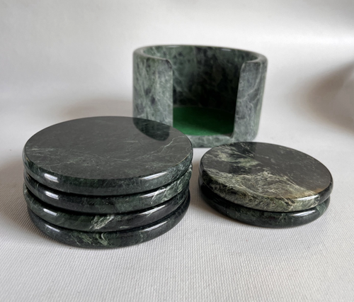Sottobicchieri rotondi vintage in marmo verde con supporto set di 6 - Foto 2 di 11