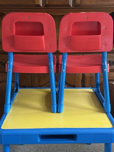 Vintage 1990’s Fisher Price Kids Play Craft Table Yellow/Blue & 2 Red Chairs - Picture 4 of 24