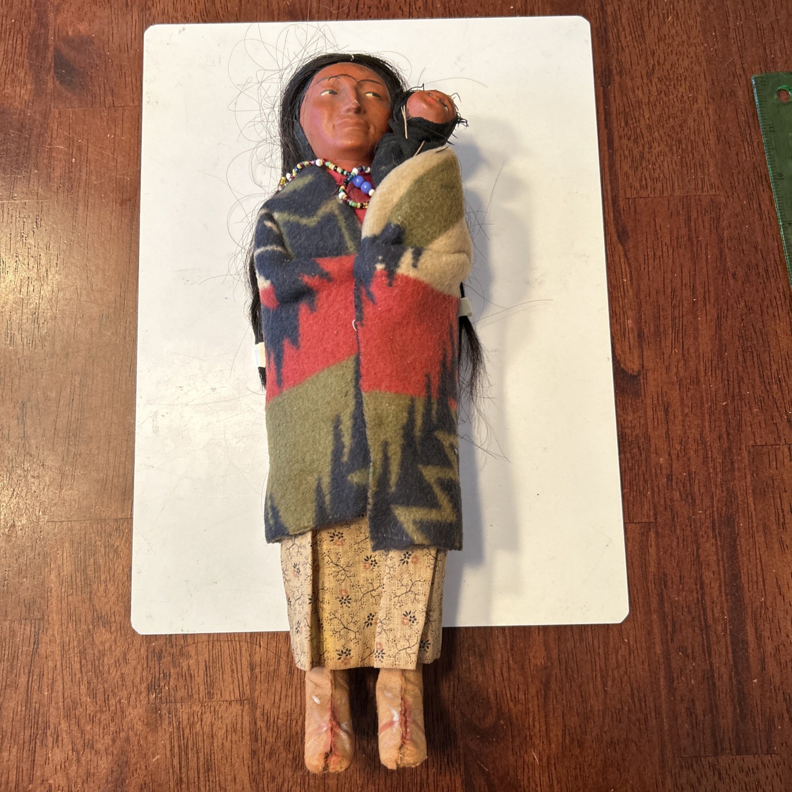 Vintage SKOOKUM BULLY GOOD INDIAN Doll 12" Papoose~Blanket Beaded Necklace VG
