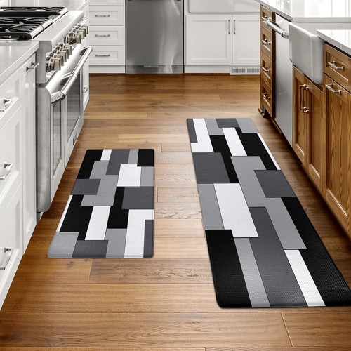 Black Kitchen Rugs and Mats Set of 2 Modern Abstract Art Cushioned Anti Fatigue - Picture 2 of 7