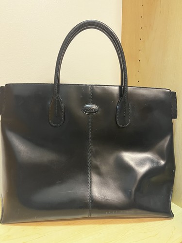 Vintage Tod’s Black Leather Tote Handbag Double Handle - Picture 1 of 6