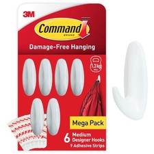 6 PCS Medium Designer Hook, 9 Adhesive Strips Damage Free Hanging Plastic White 2.00 per strip