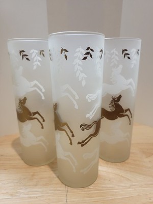 Libbey Set of 3 Cavalcade Horses 12oz Iced Tea Frosted Glass Tumblers