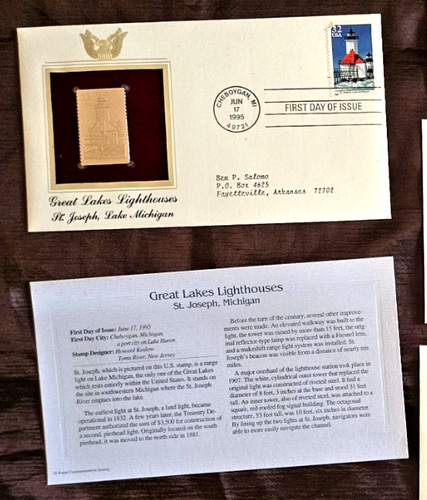 22kt Golden Replica 1st Day Issue U.S. Great Lake Lighthouses 1995 w/Info Card - Picture 5 of 14