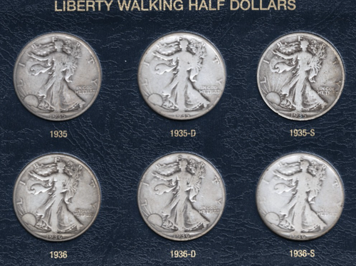 1916-1947 PDS Walking Liberty mezzo dollaro 65 monete set completo in album Whitman - Foto 12 di 24