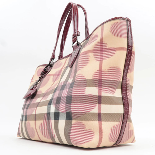 BURBERRY Heart Nova Plaid Tote Bag PVC Enamel Beige Bordeaux Authentic - Picture 4 of 23