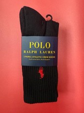 Polo Ralph Lauren Men's Three Cotton Cushioned Athletic Crew Black Socks 9-11