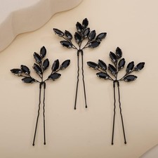 3pcs Gothic Black Crystal Hair Pins Set for Wedding Brides Women Girls Handma...