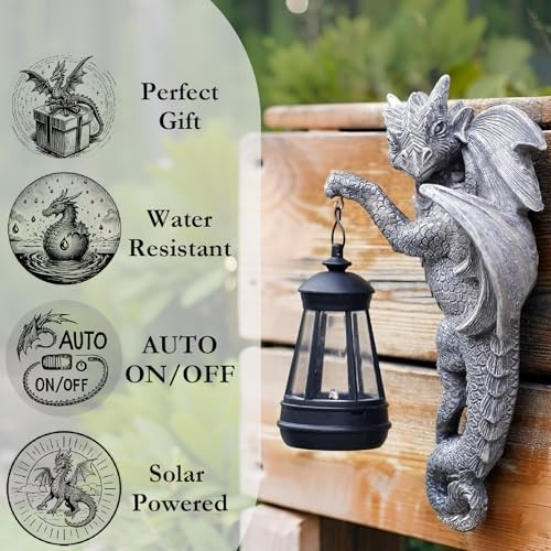 Dragon Statue Solar Lantern for Garden Décor, Dragons Figurine Night Light, - Picture 3 of 8