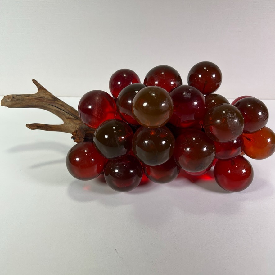 Vintage Mid Century Cluster of Red Acrylic Lucite Grapes Drift Wood Decorative