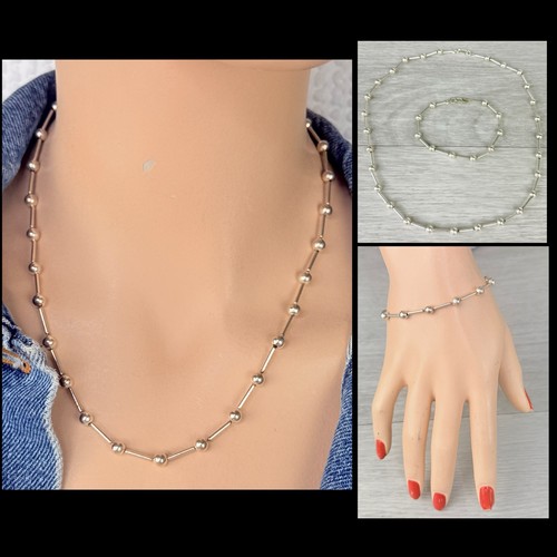 Sterling Silver Ball Bead Bar Station Necklace & Bracelet Modernist Italy 17g+