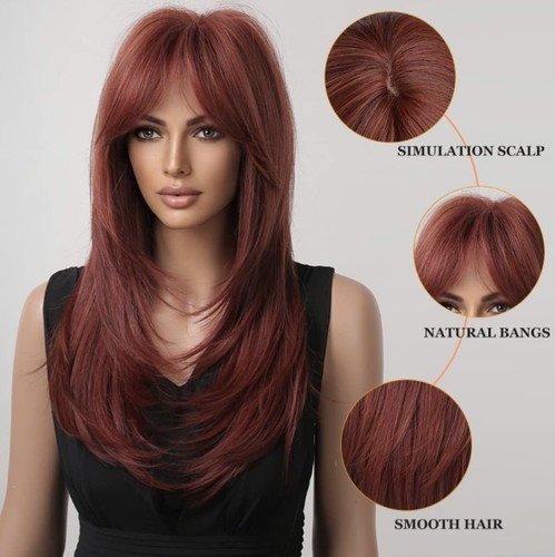 Wigs For women Synthetic Hair Long Red Layered Fringe Full 20 Inches (122) - Picture 3 of 19
