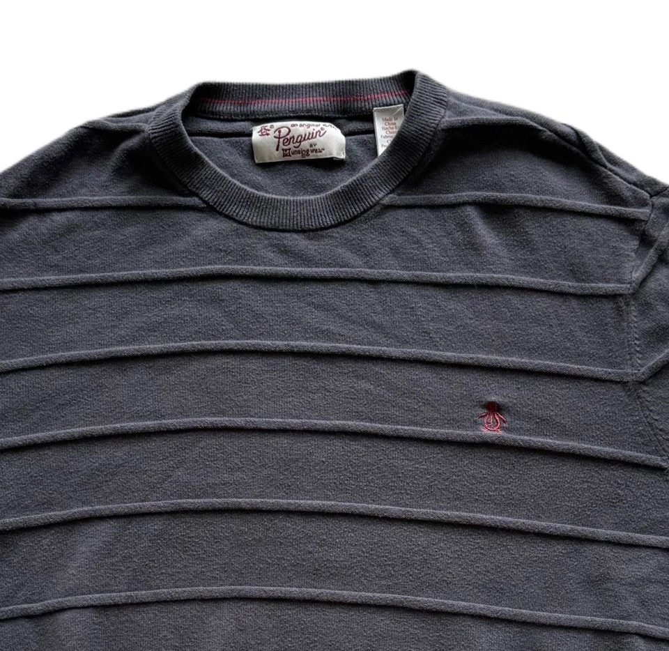原装 Penguin Munsingwear 灰色纹理条纹圆领衬衫男式 M 码 — 第 4/4 张图片