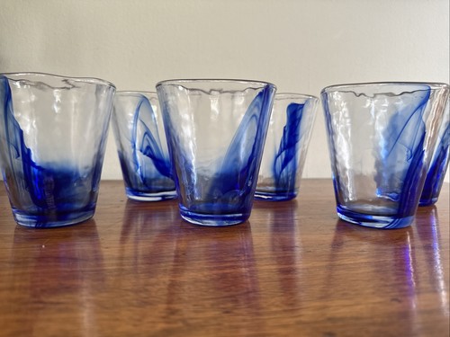 Set Of 6 Bormioli Rocco Murano Cobalt Blue Swirl Glasses Flat Low Tumblers 13oz - Picture 9 of 16