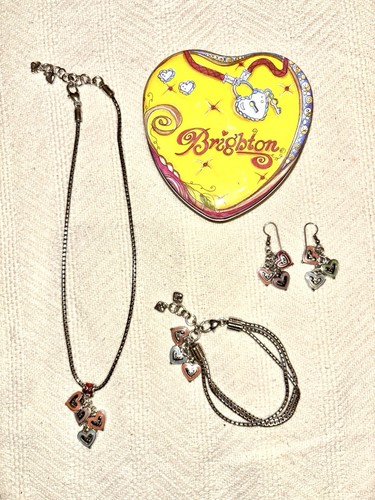 Brighton Jewelry 4pc Set Lot Necklace Earrings Bracelet Tin Hearts Silver EUC