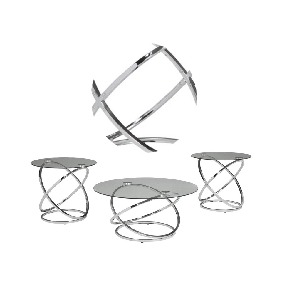 Benzara当代玻璃桌面套装带金属戒指底座,透明银色 — 第 3/4 张图片