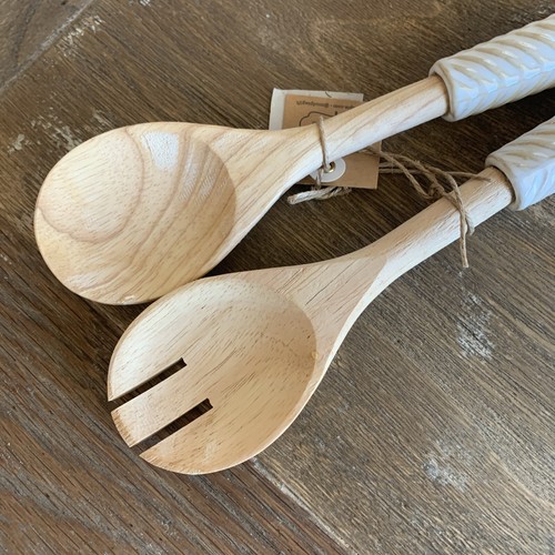 Mud Pie Ceramic Handle Wooden Serving Set 11.5” New W Tags Sealed Salad Tossers - Picture 5 of 6