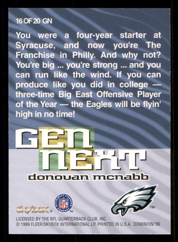 1999 SkyBox Dominion Gen Next #16 Donovan McNabb - Picture 2 of 2