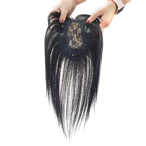 Middle Part 100% Human Hair Clip in Silk Mono Topper Hair Piece With 3D Air Bang - Picture 4 of 9