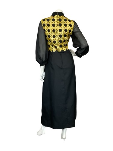VTG 60S 70S BLACK GOLD MESH BALLOON SLEEVE GEOMETRIC PARTY EVENING MAXI DRESS 14 - Picture 9 of 11