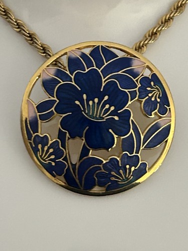 VTG CLOISONNÉ Filigree Enamel Flower Pendant On Gold Tone Rope Chain Necklace - Picture 3 of 11