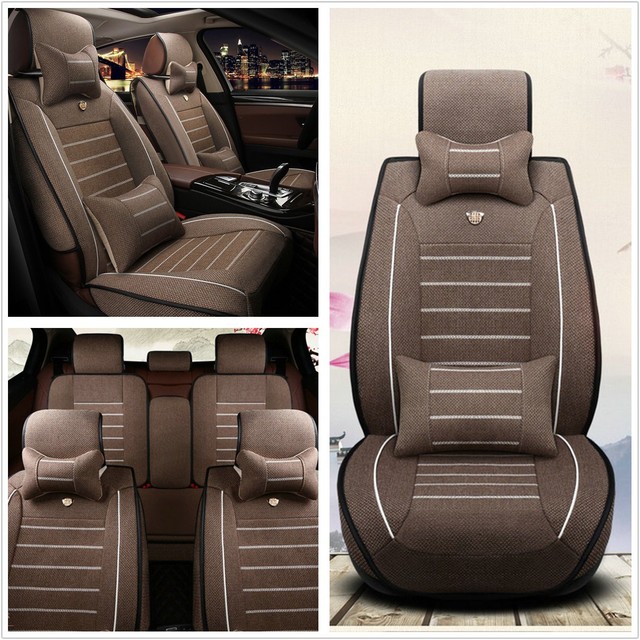 Coffee Deluxe Edition Linen Fabric 5seat Car Seat Covers Front Rear Pillow Mat